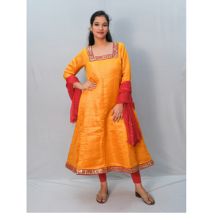 Yellow Frock with Red Lace – 3-Piece Gown Set