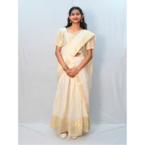 Off-White Kerala Cotton 8-Inch Gold Border Dhavani Set