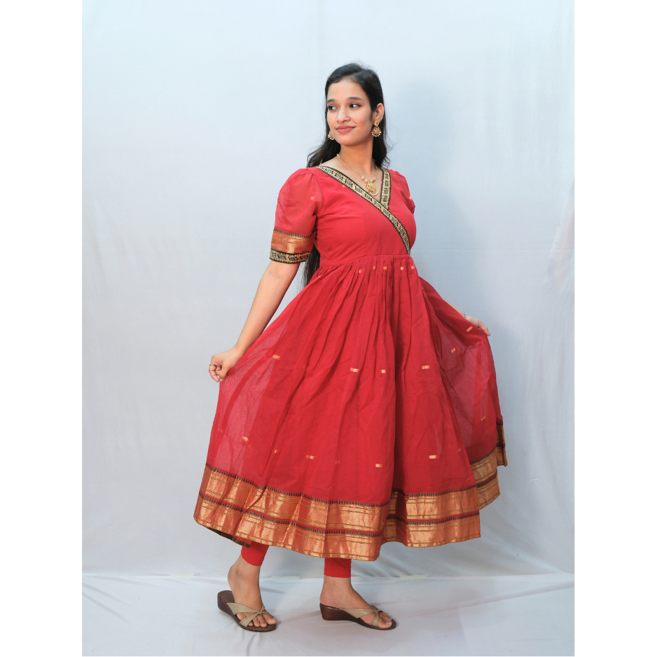 Maroon with Green Lace Kerala Gown - Image 2