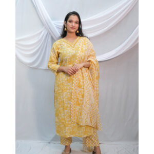 ellow Floral Print V-Neck 60/60 Cotton 3-Piece Kurti Set