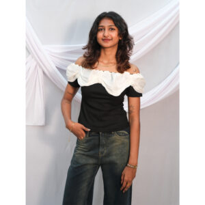 Black Rib-Knit Crop Top with Satin Lace