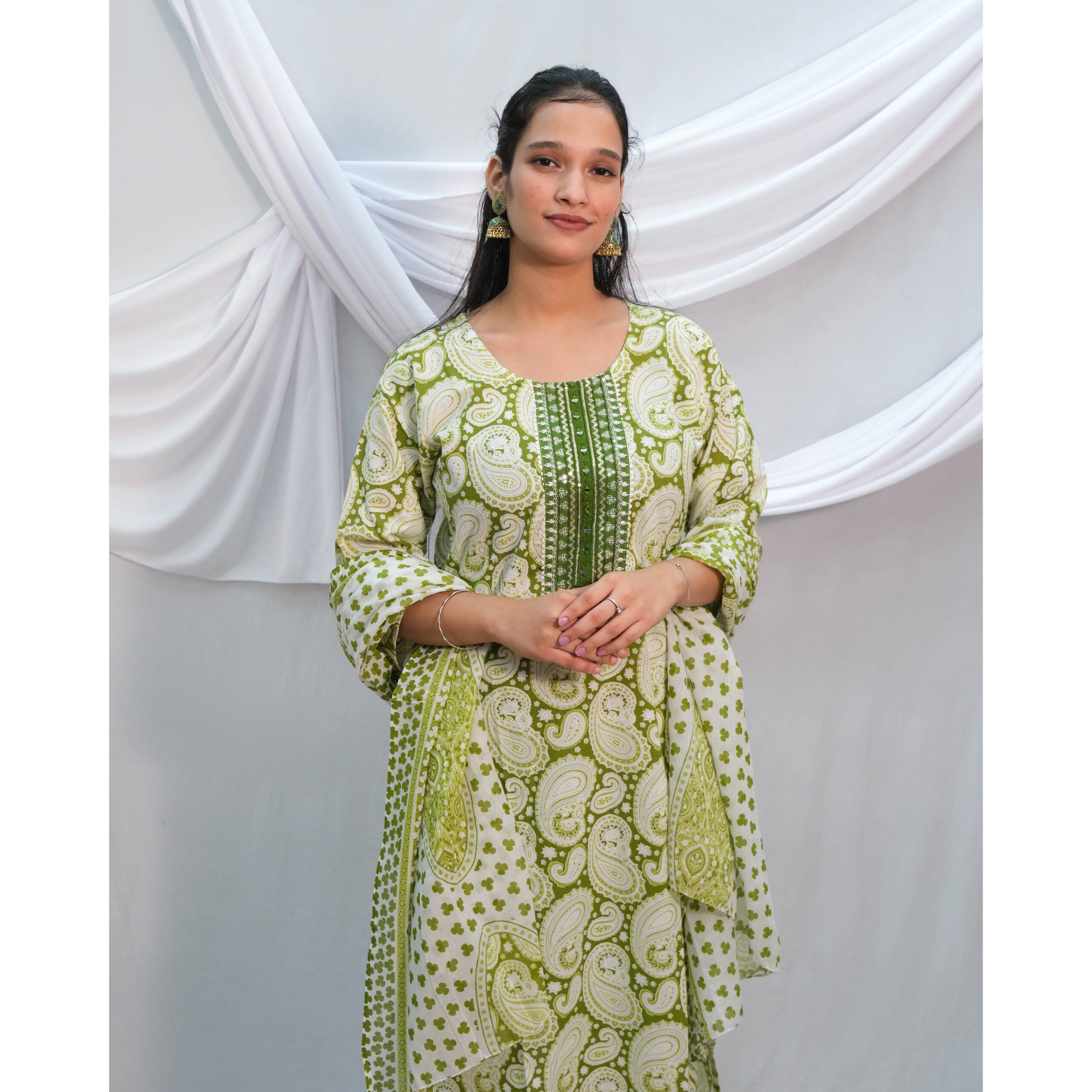 Light Green Mango Print Sequence Embroidery 3-Piece Kurti Set