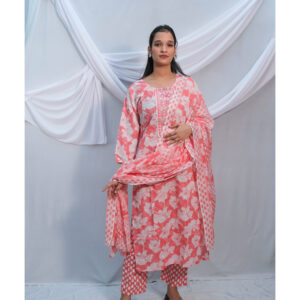 Pink & White Floral Print 3-Piece Kurti Set