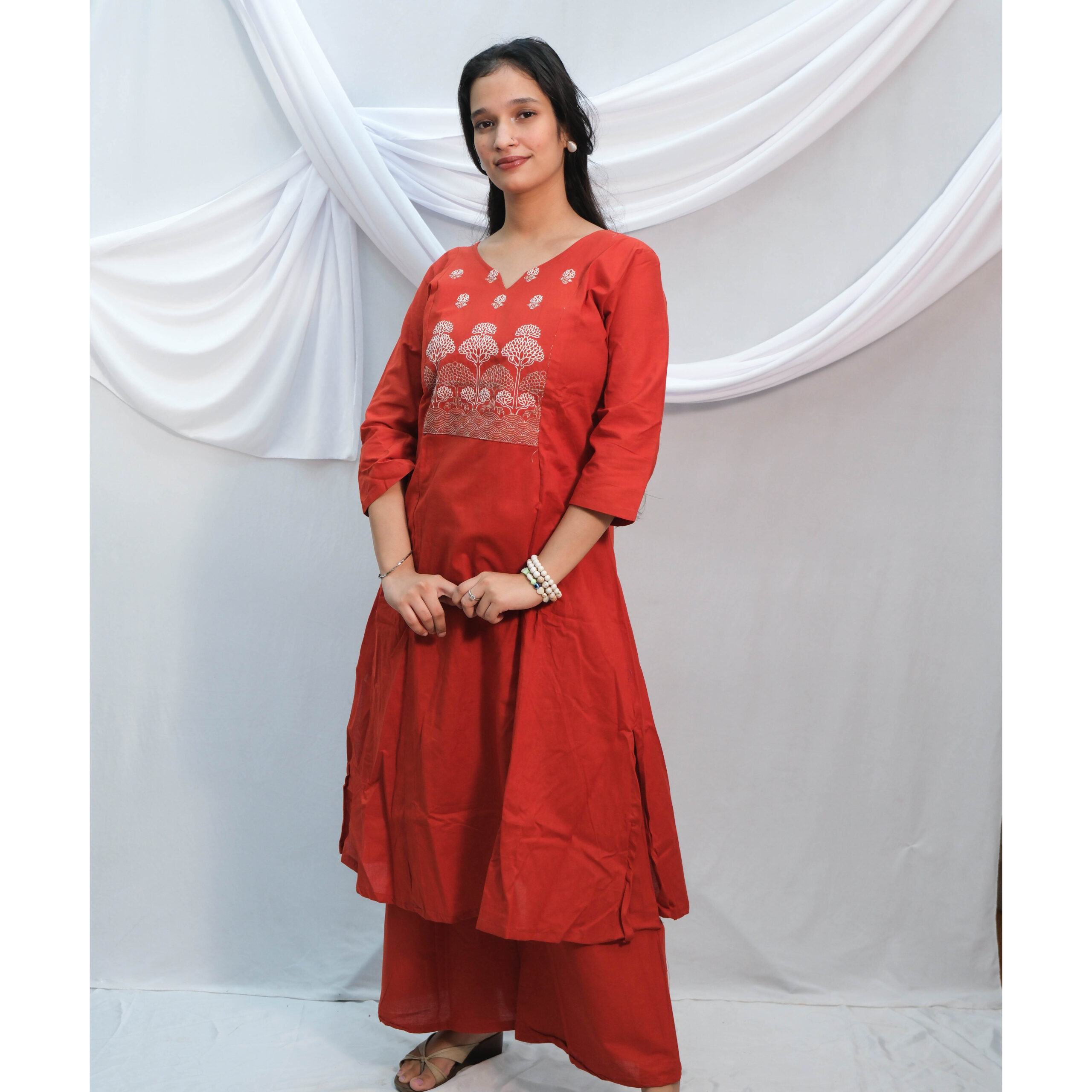 Rust A-Line Kurti Set with White Embroidery