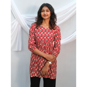 Maroon Cotton Floral Print Short Kurti with Dori