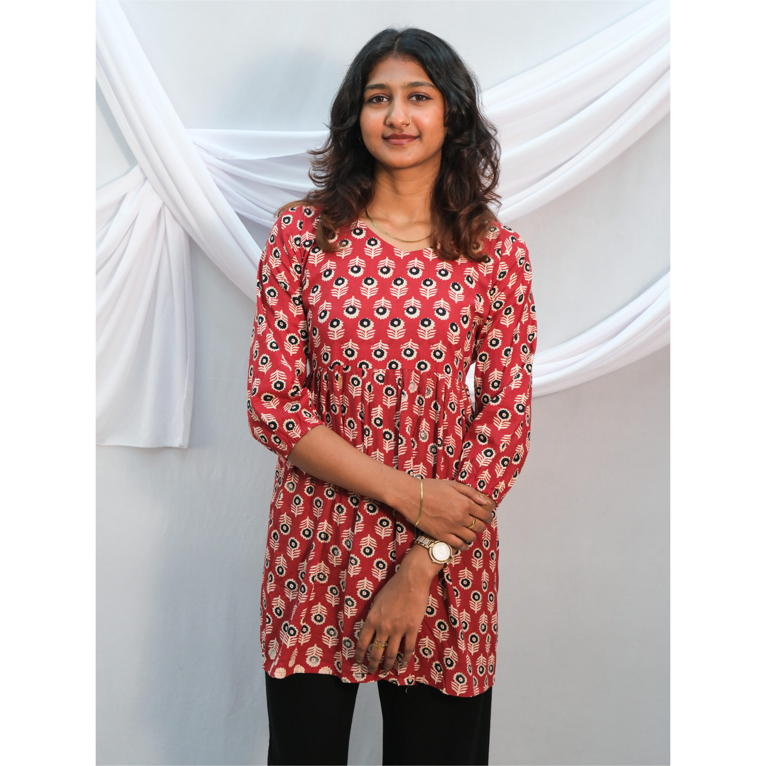 Maroon Cotton Floral Print Short Kurti with Dori