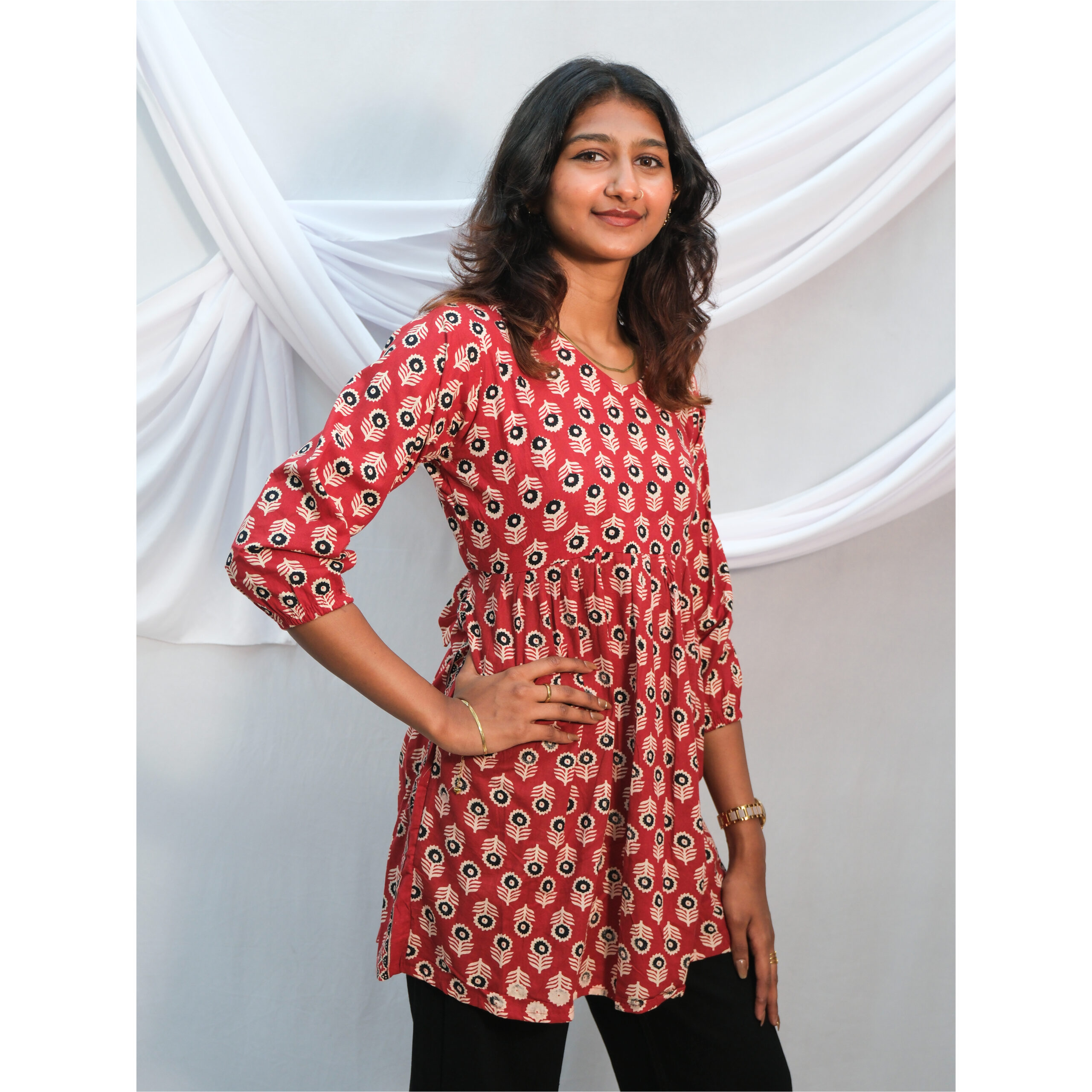 Maroon Cotton Floral Print Short Kurti with Dori - Image 2