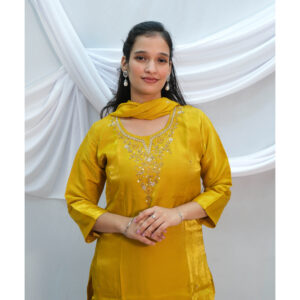 Canary Yellow Silk Beadwork 3-Piece Kurti Set