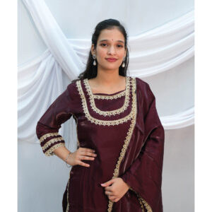 Dark Purple Silk 3-Piece Kurti Set with Lace & Beadwork