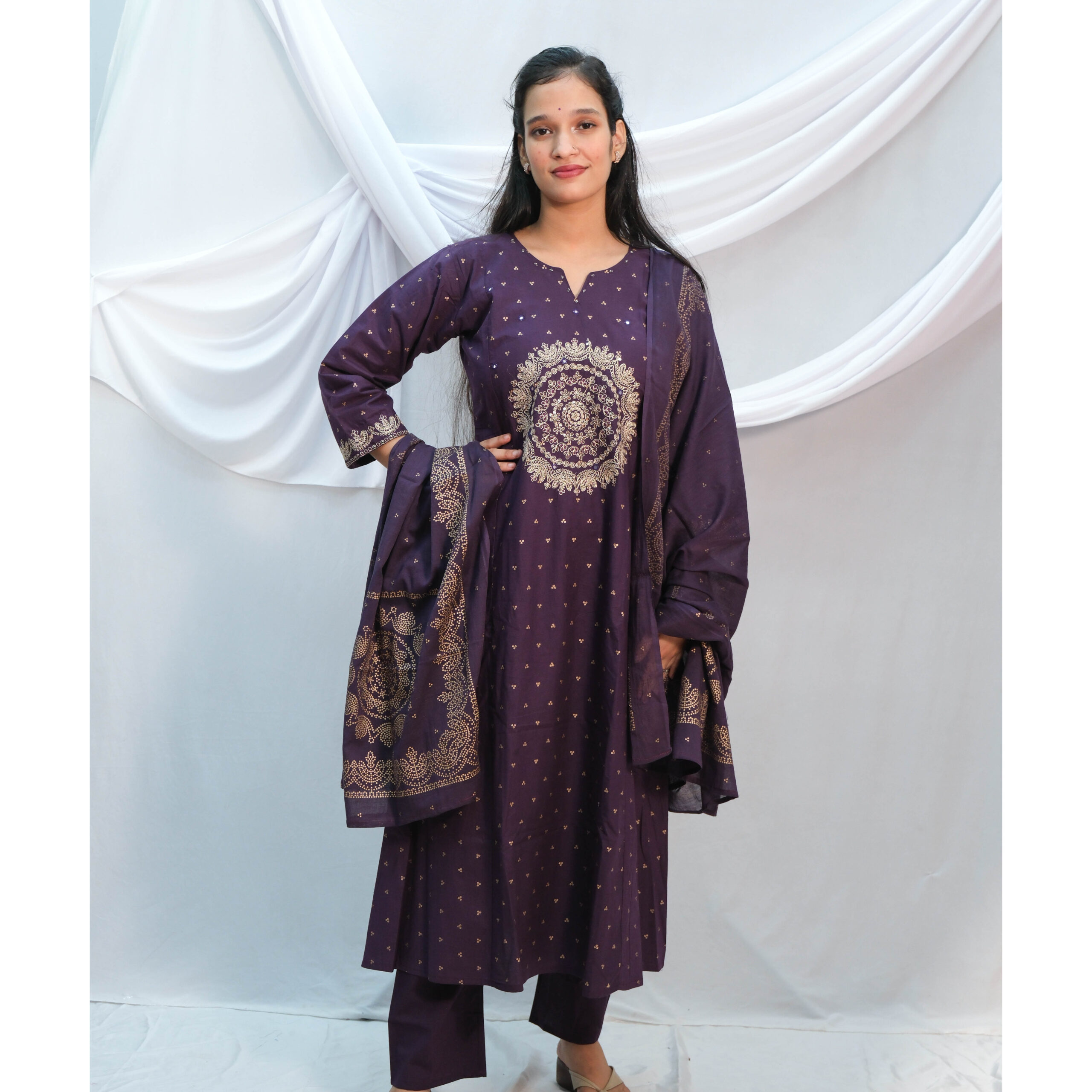 Dark Purple Sequence Work A-Line 3-Piece Kurti Set
