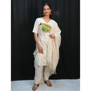White Leaf & Flute Embroidery Kerala 3-Piece Kurti Set