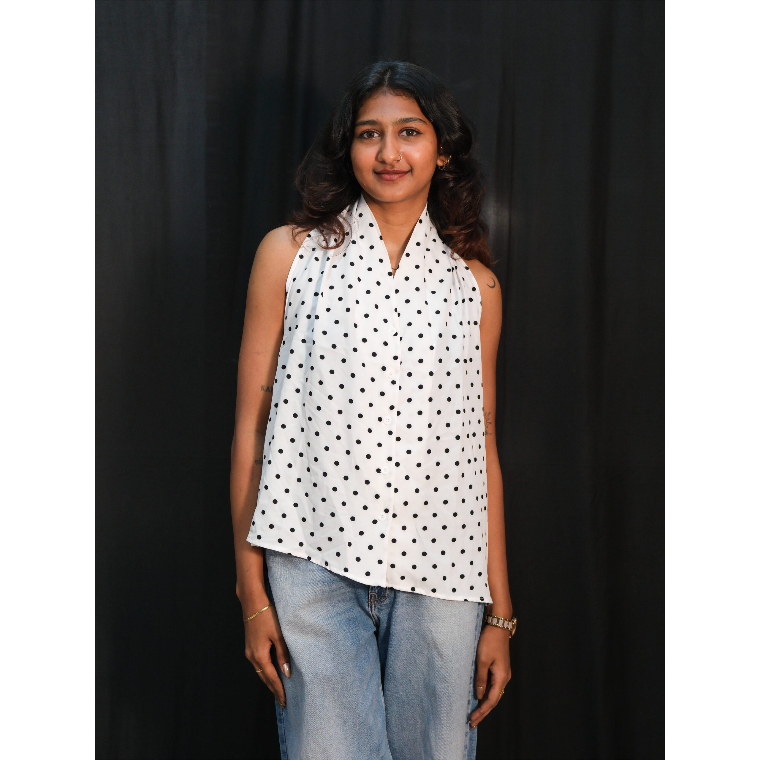 White Polka Dot Halter Neck Sleeveless Top - Image 2