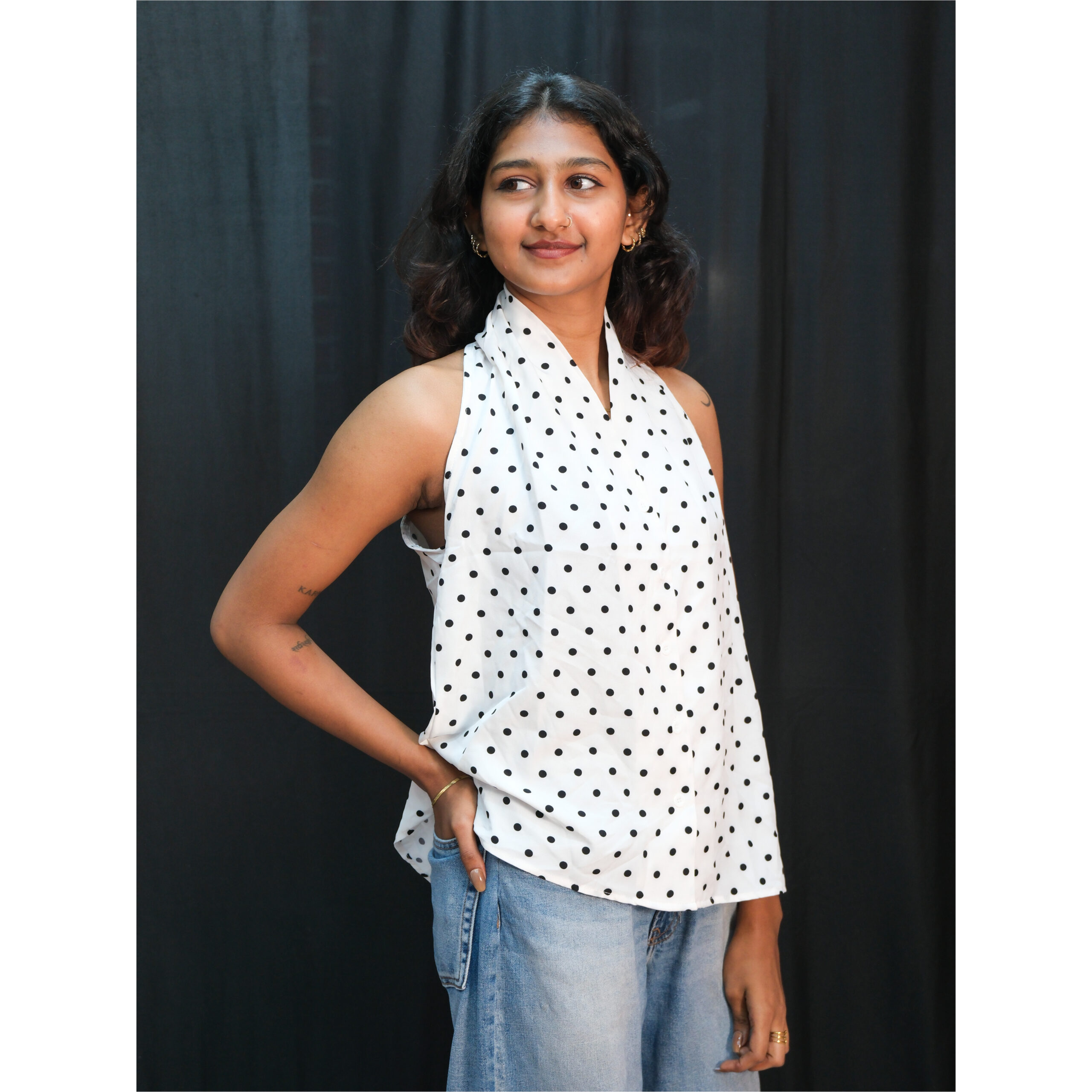 White Polka Dot Halter Neck Sleeveless Top