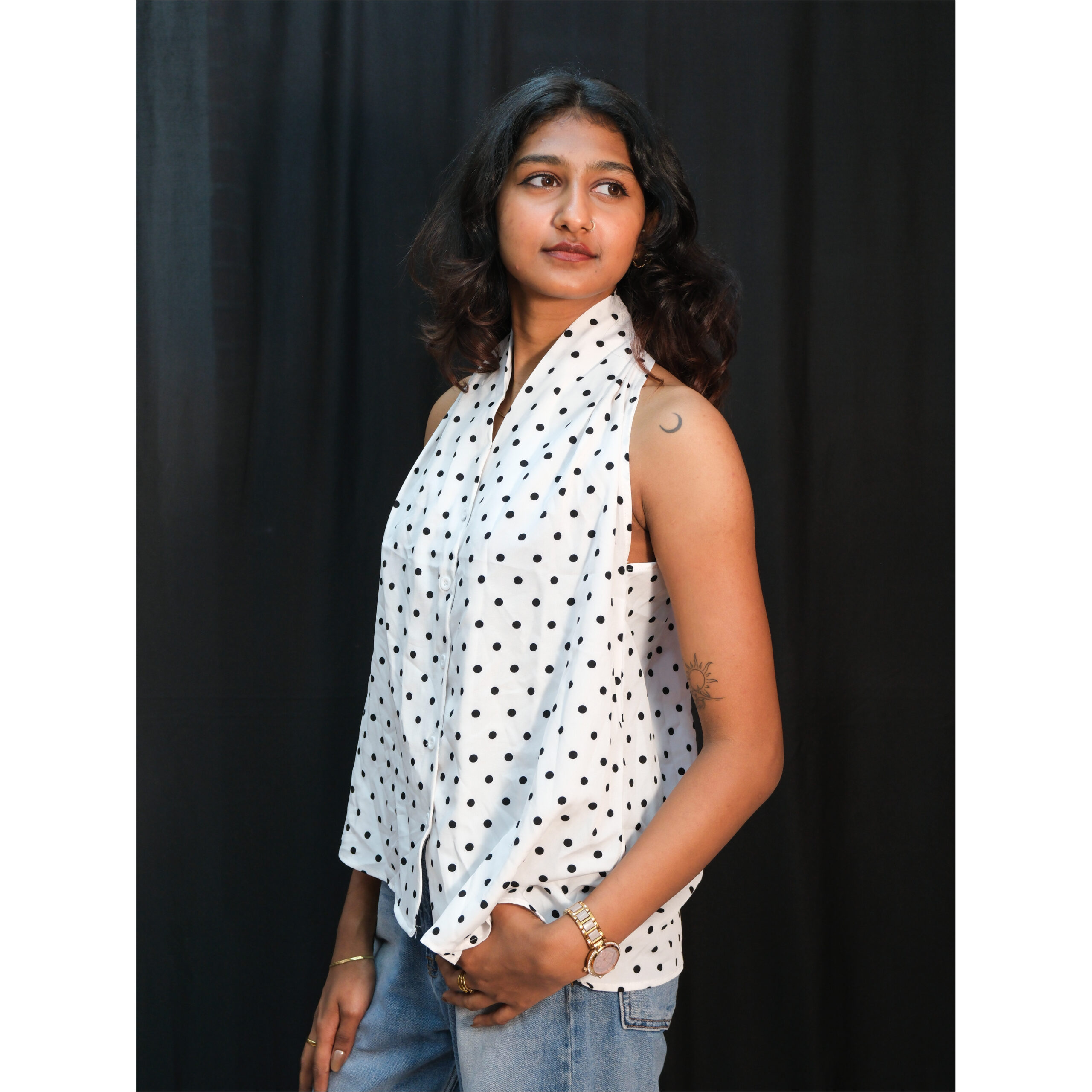 White Polka Dot Halter Neck Sleeveless Top - Image 3