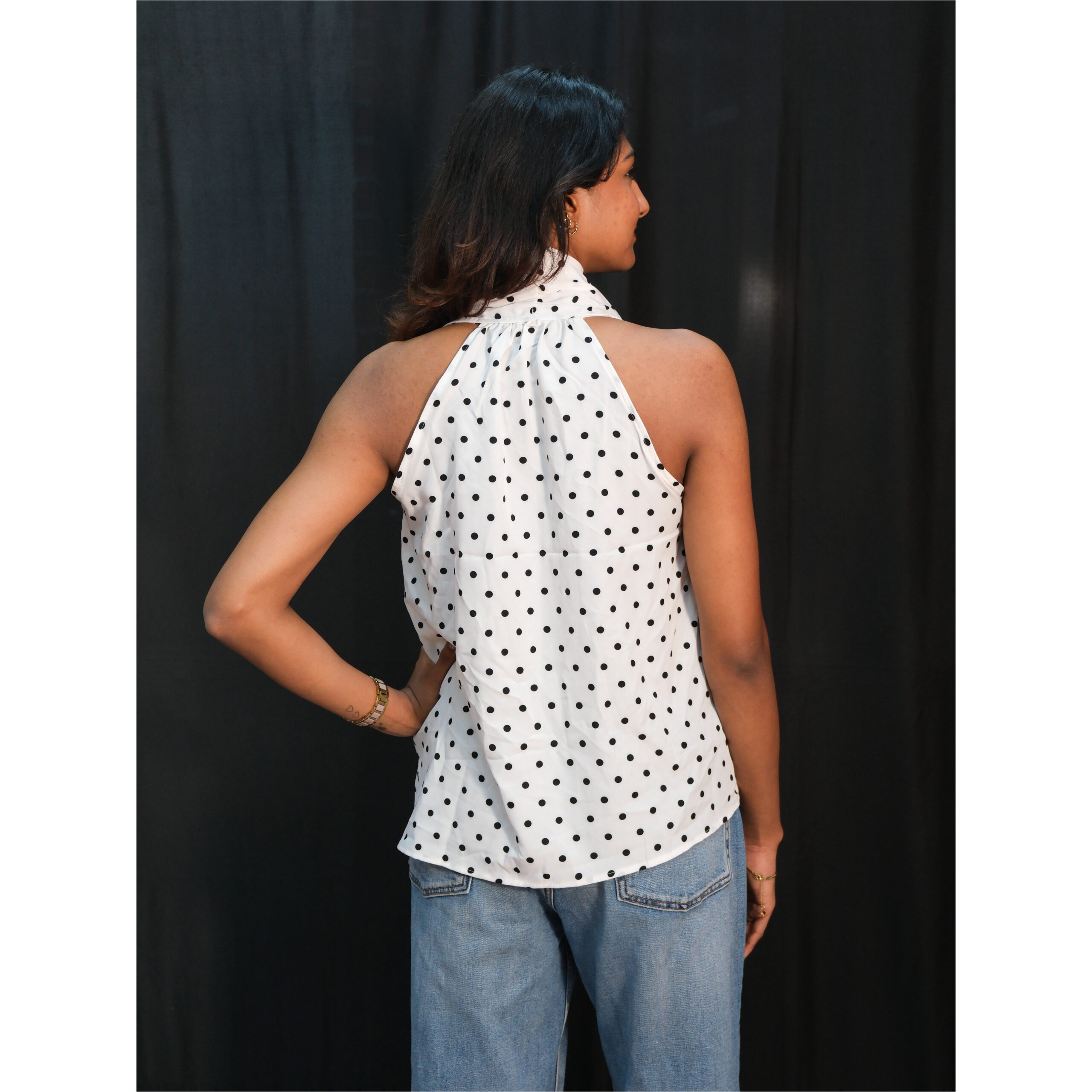 White Polka Dot Halter Neck Sleeveless Top - Image 4
