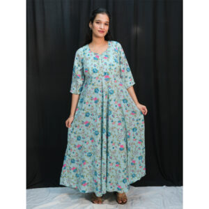 Mint Blue Floral Print Back Knot Kerala Gown