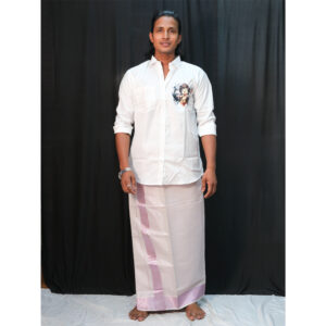 White Tissue Mundu with 2.5-Inch Pink Border