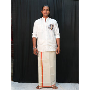 Off-White Cotton Mundu with Rush & Gold 1-Inch Border
