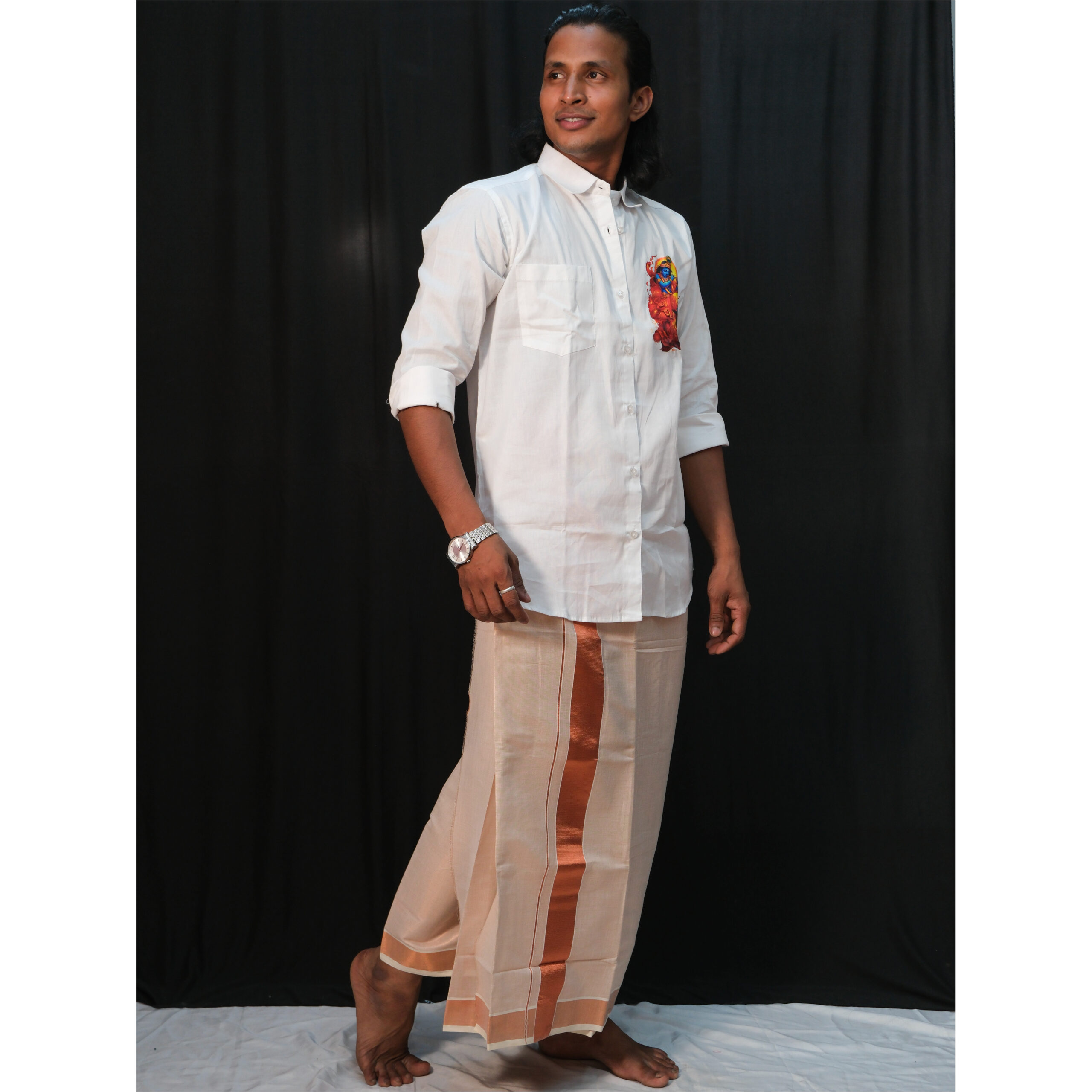 Off-White Tissue Mundu with 2.5-Inch Copper Border