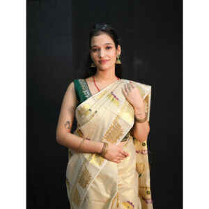 Green & Purple Lotus Embroidered Tissue Saree