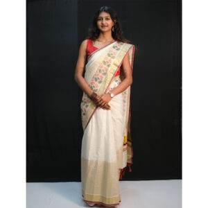 Red & Black Leaf Print Kerala Saree