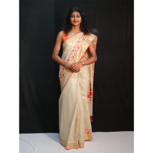Orange Gold Border Kerala Saree
