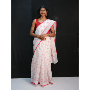 White Cotton Saree with Red Floral Print