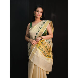Tissue 7-Inch Gold Border Green Triangle Saree