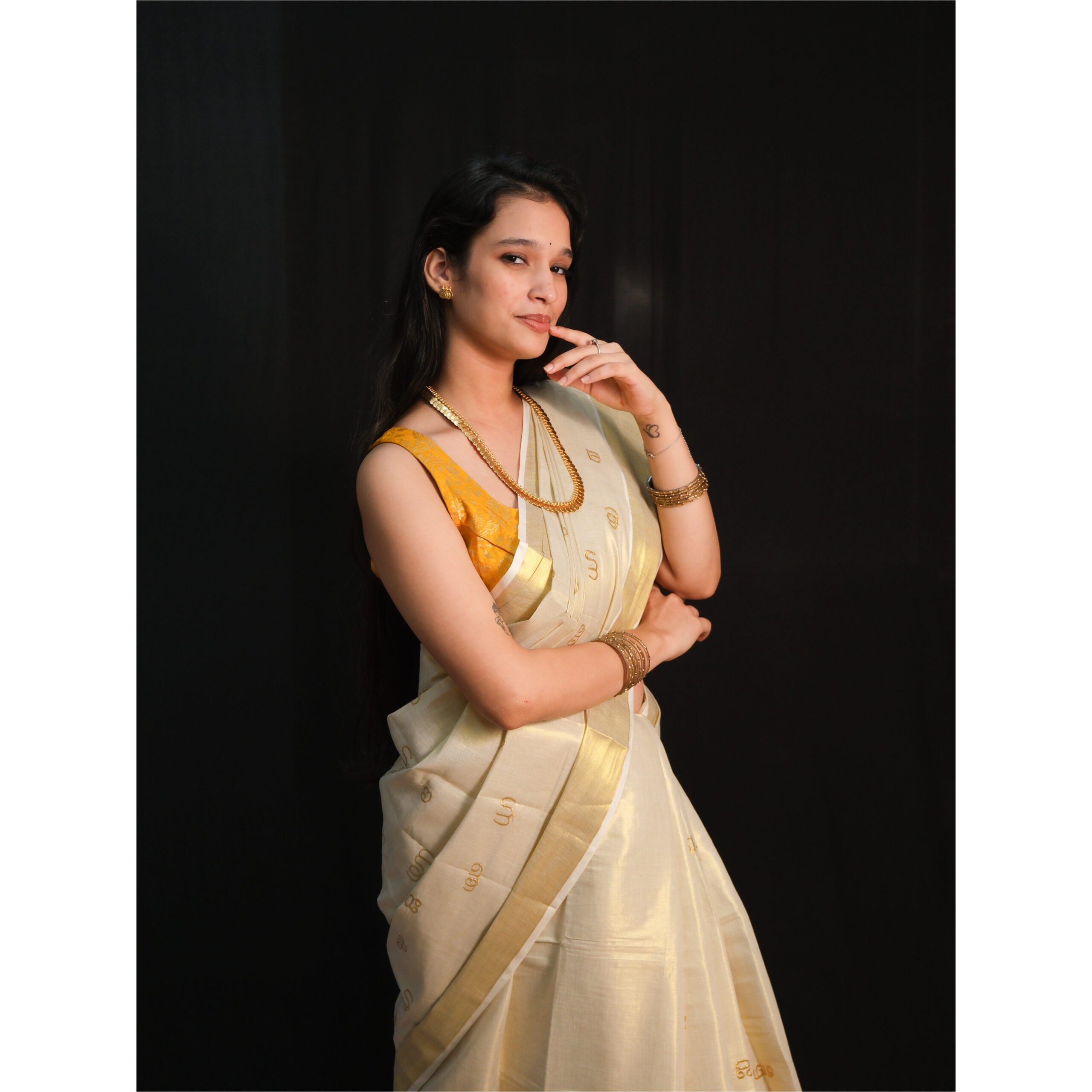 Tissue Gold Letter Emb Kerala Saree - Image 2