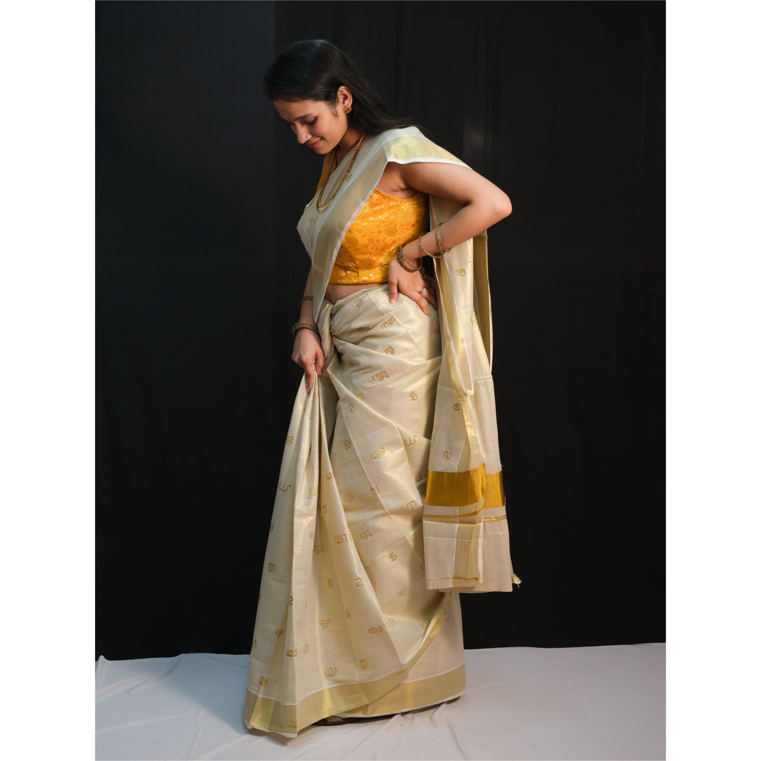 Tissue Gold Letter Emb Kerala Saree - Image 3