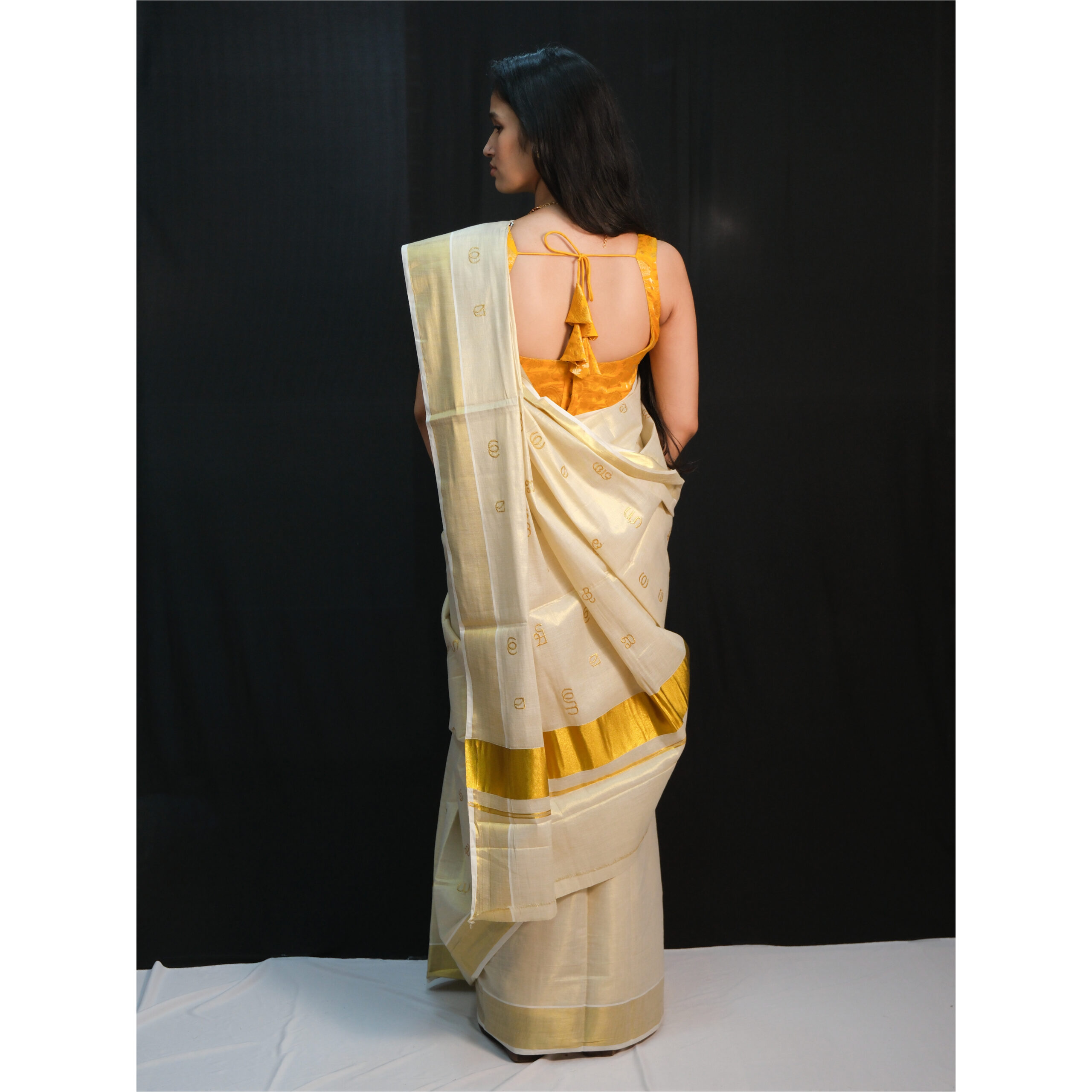 Tissue Gold Letter Emb Kerala Saree - Image 5