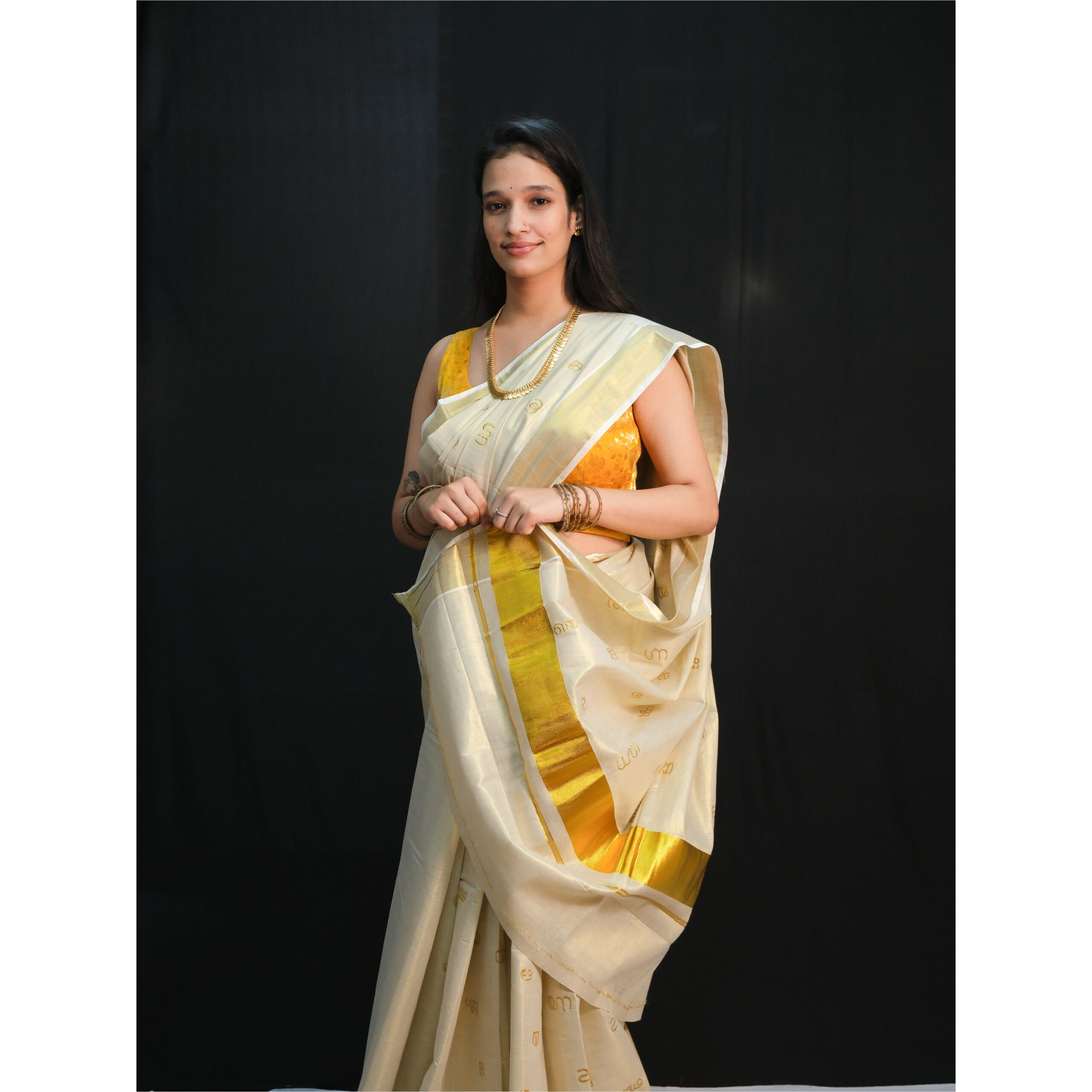 Tissue Gold Letter Emb Kerala Saree - Image 4