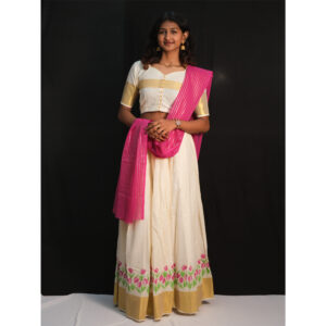 Off-White Skirt & Blouse with Pink Davani Set