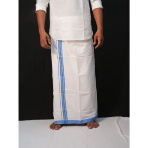 White Mundu with Blue Printed Border