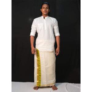 Off-White Mundu with Gold & Yellow Floral Cotton Border