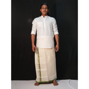 Off-White Mundu with Green & Silver 1.25-Inch Border