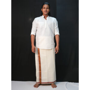 White Mundu with 1.5-Inch Brown Border & 3 Gold Stripes