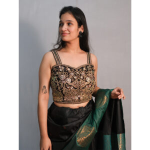 Black Sleeveless Blouse with Gold Floral Thread & Sequin Embroidery
