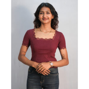 Maroon Rib-Knit Lace Crop Top