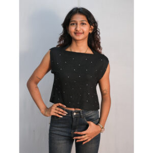 Black Stone Work Off-Shoulder Rib-Knit Crop Top