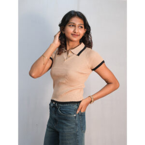 Beige Collar Neck Rib-Knit Crop Top