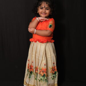 Floral Tissue Skirt & Orange Blouse Kids Pavada – 3 to 4 Years
