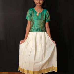 Off-White Skirt & Green Blouse Kids Pavada – 8 to 9 Years