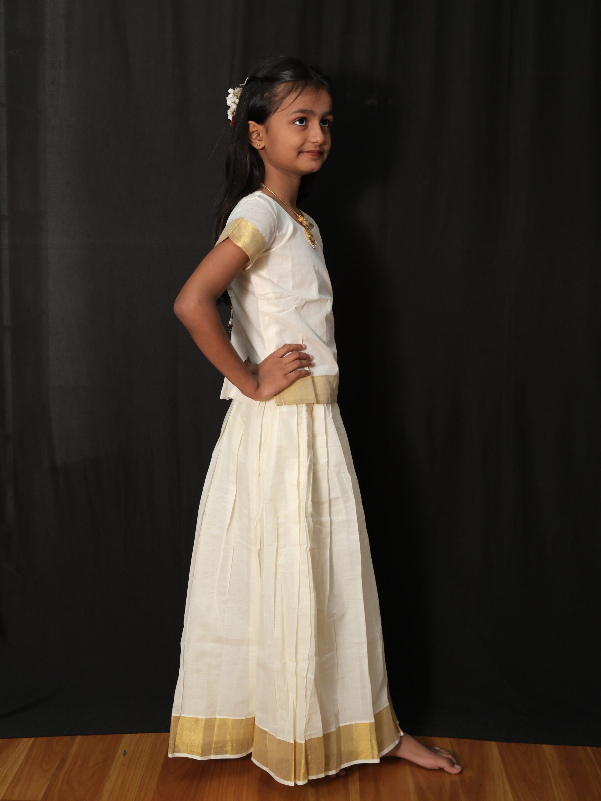 Off-White Cotton Skirt & Blouse Kids Pavada – 6 to 7 Years - Image 3