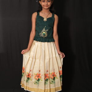 Tissue Skirt & Dark Green Blouse Kids Pavada – 7 to 8 Years