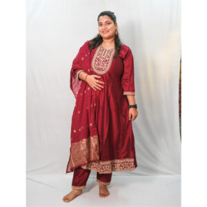 Maroon Vichundra Silk Umbrella Cut Three-Piece Set