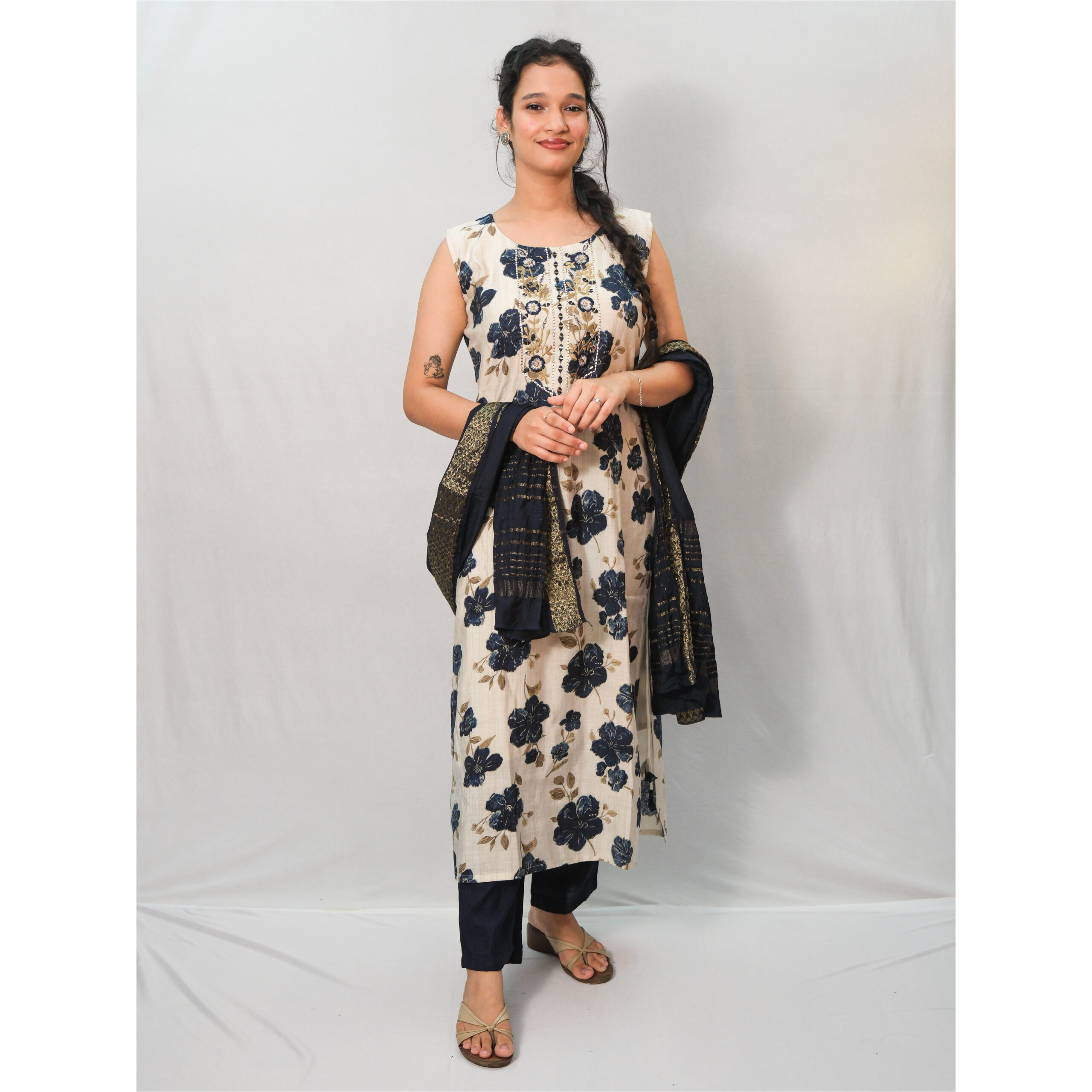 Off-White, Green & Navy Blue Floral Print Three-Piece Kurti Set