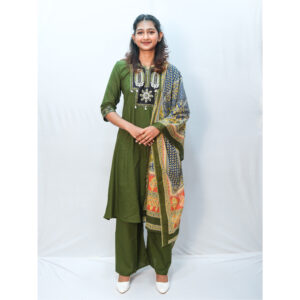 Mehandi Green A-Line Dhabu Cotton Three-Piece Set