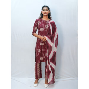Maroon Cotton Printed Three-Piece Set with Two-Tone Dupatta