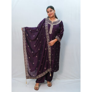 Dark Purple UV-Neck Golden Sequin Embroidery Silk Three-Piece Set